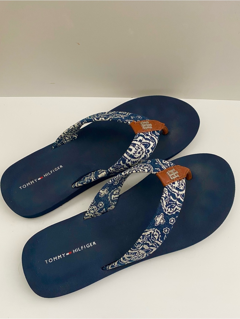 Tommy Hilfiger Navy Bandana-Print Flip Flops with Brown Accents